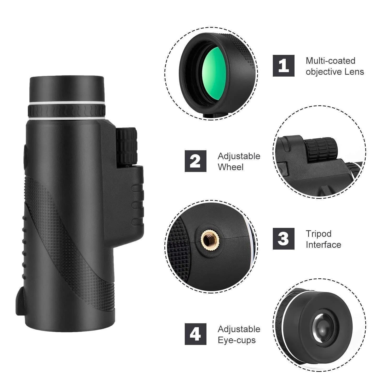 Black HD 40x60 monocular telescope with smartphone attached, showing 40x magnification and compact design.