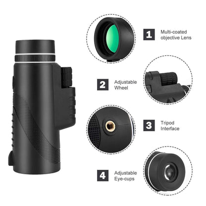 Black HD 40x60 monocular telescope with smartphone attached, showing 40x magnification and compact design.