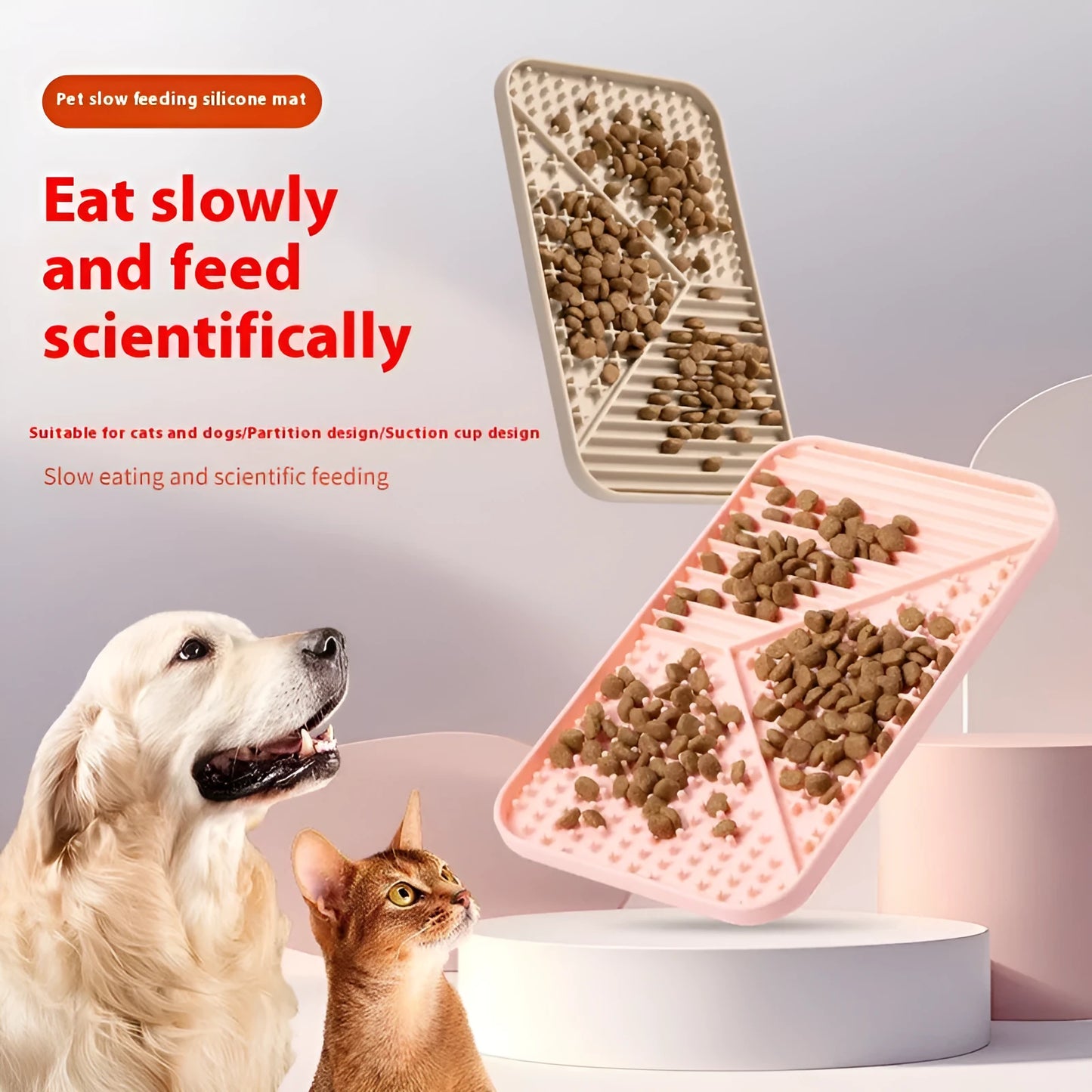 Silicone pet licking mat with suction cup base in pink, grey, or khaki colour options