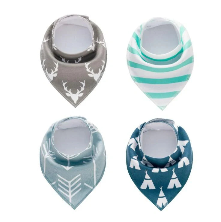 Set of four cotton baby bibs with arrow and wave designs for mess-free feeding