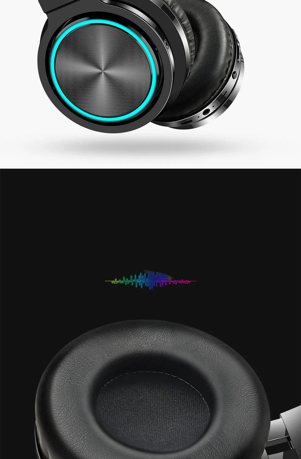 Wireless folding over-ear headset shown in black, black and red, and white and grey colour options.
