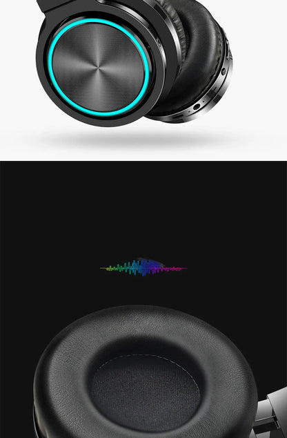 Wireless folding over-ear headset shown in black, black and red, and white and grey colour options.