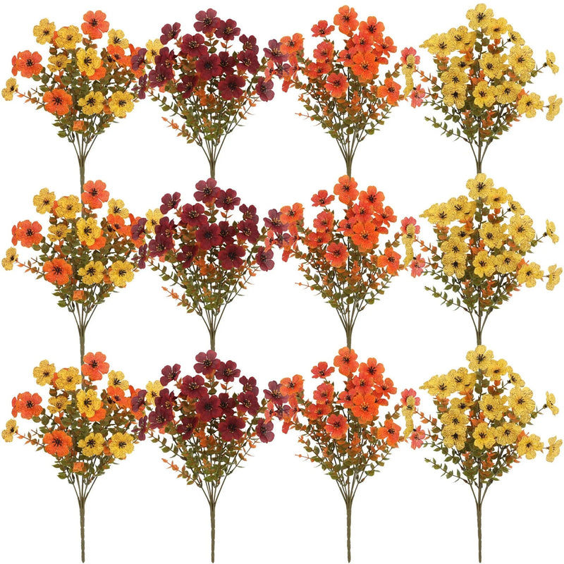Plastic and silk artificial flower bouquet for home decoration courtyard wedding outdoor use with autumn red yellow orange orange yellow colours shaped embossed screen printed and bone shot crafting one piece per pack