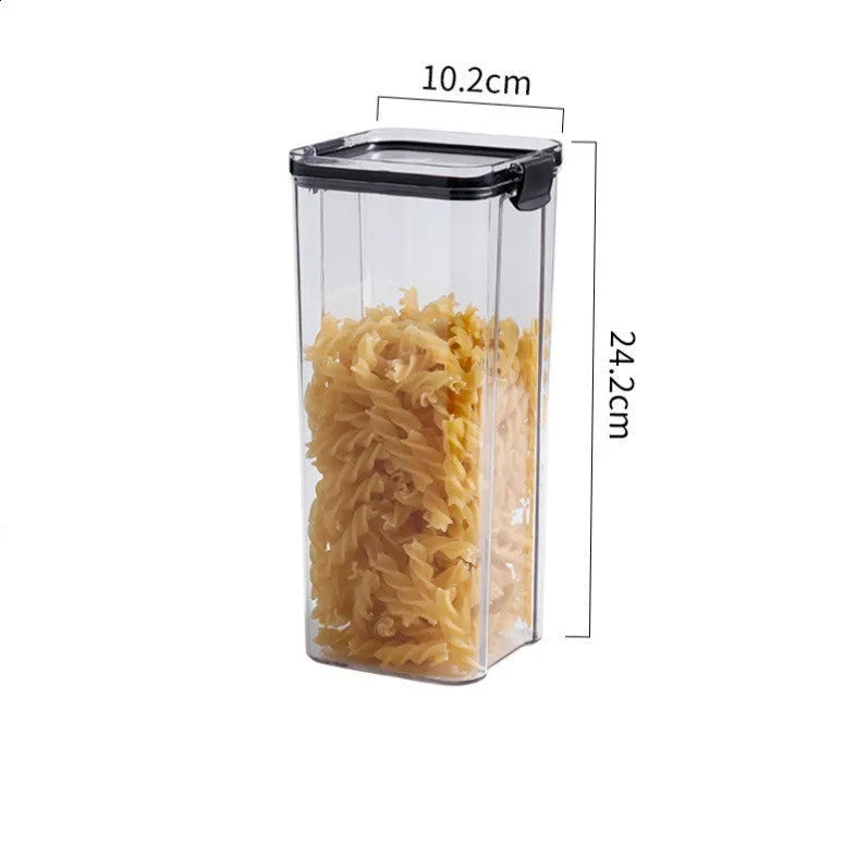 Transparent square grain storage container with black lid in multiple capacity sizes