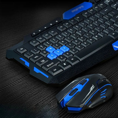 Blue and black wireless keyboard and mouse set on a desk.