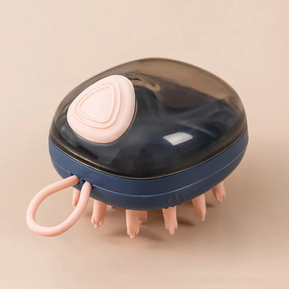 Blue and green pet bath brush with silicone bristles and a shampoo dispenser bottle in hand.