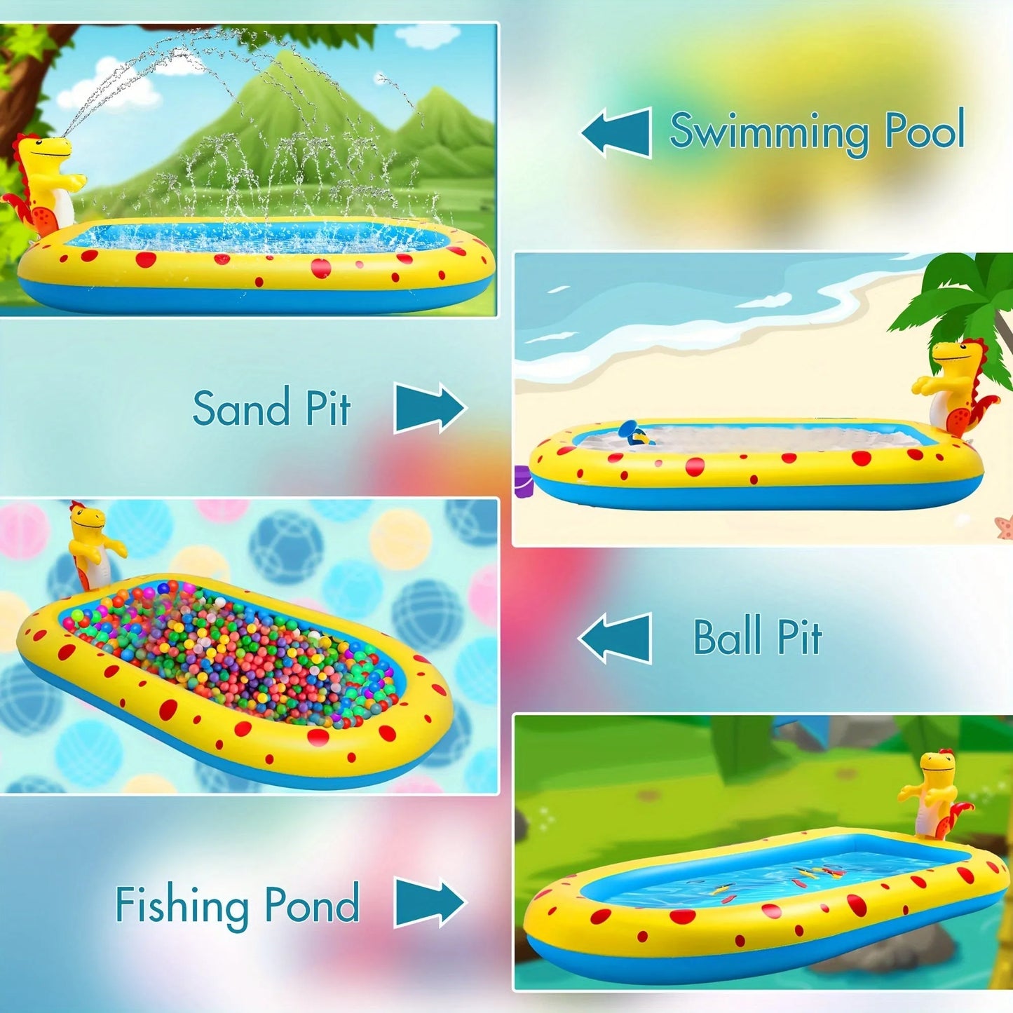 Blue inflatable dinosaur-shaped water spray pool for kids outdoor play