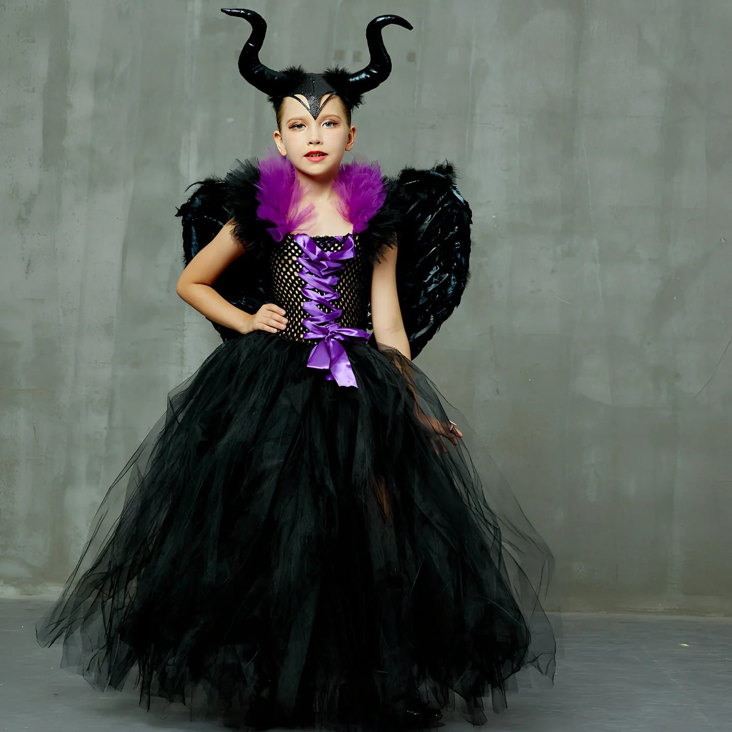 Halloween children's dress costume in sizes 2-10 with horns and wings options for ages 2-9