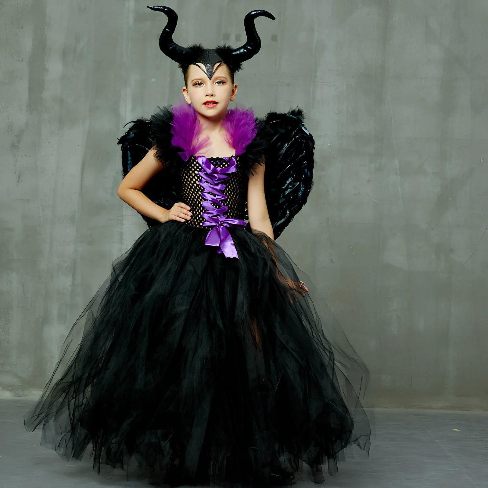 Halloween children's dress costume in sizes 2-10 with horns and wings options for ages 2-9