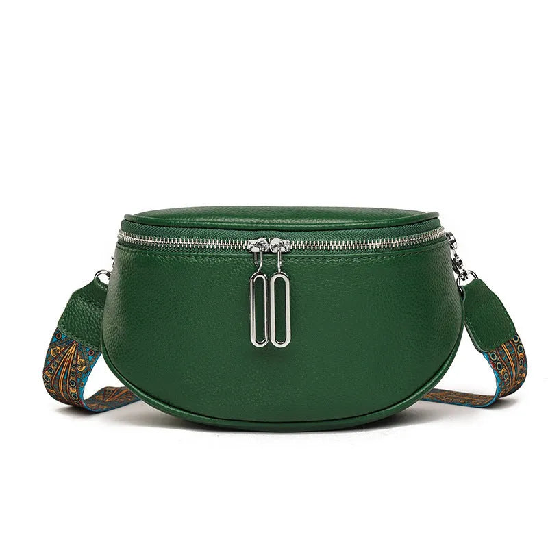 Women's soft PU leather messenger bag in saddle shape with a cross-body strap.