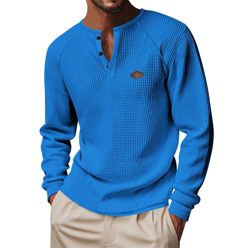 Waffle pattern raglan sleeve pullover in thin polyester fabric shown in sapphire blue