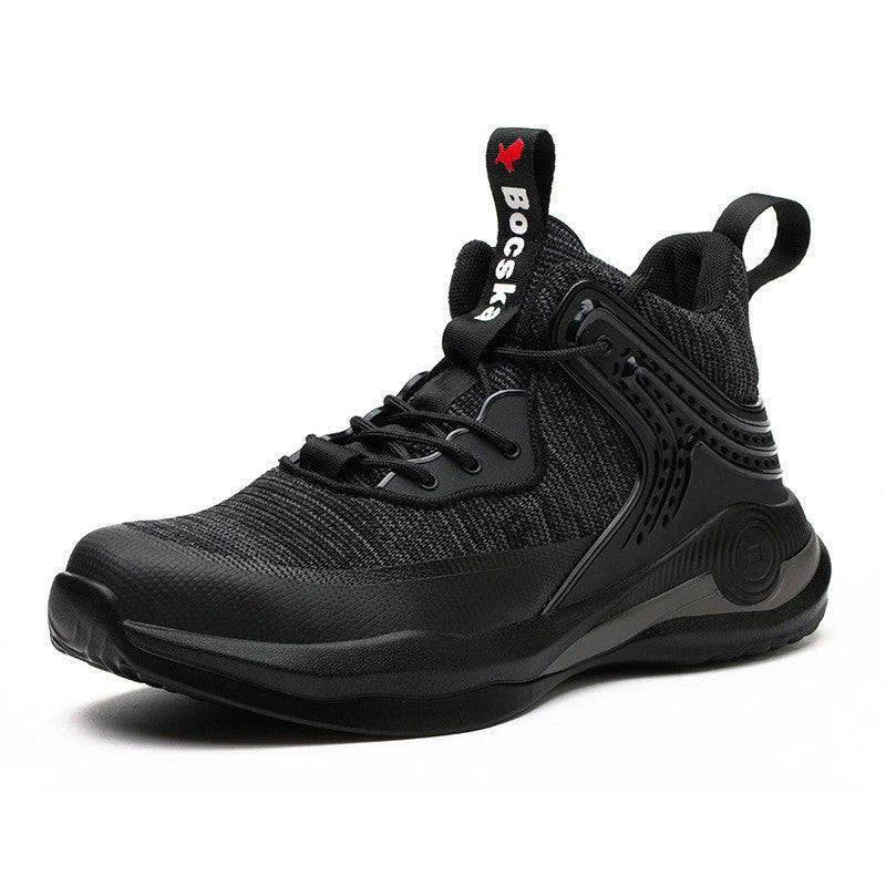 Durable steel-toe work boots with breathable mesh and leather uppers, shock-absorbing midsole, and puncture-resistant outsole
