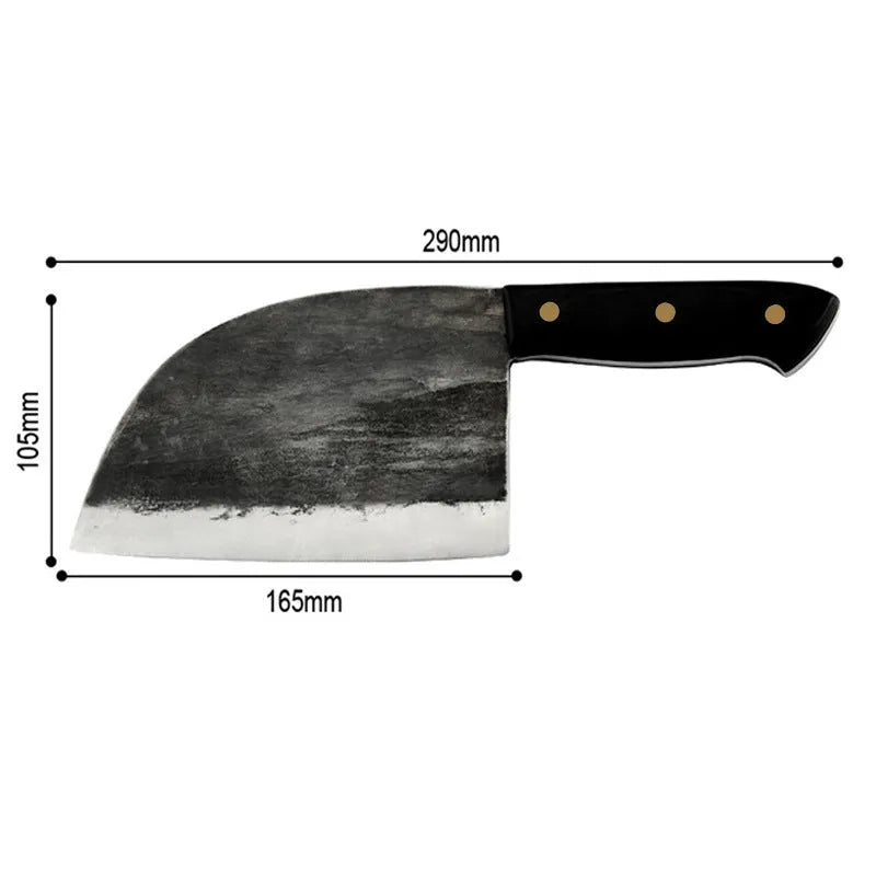 Hand-made stainless steel meat cleaver with a 17cm round head blade on a kitchen surface.