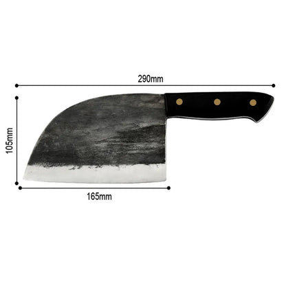 Hand-made stainless steel meat cleaver with a 17cm round head blade on a kitchen surface.