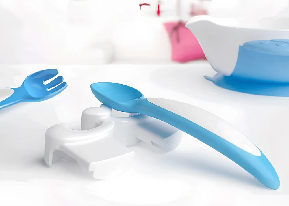 Blue and red six-piece baby tableware set in antibacterial polymer, bowl 12cm, suitable 3 months+