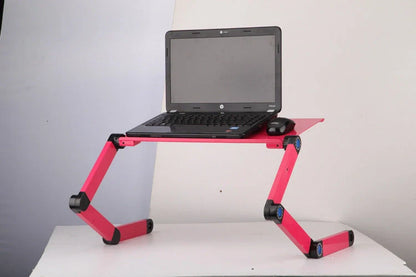 Adjustable folding laptop stand with ergonomic design and mouse pad in cool black and rose pink