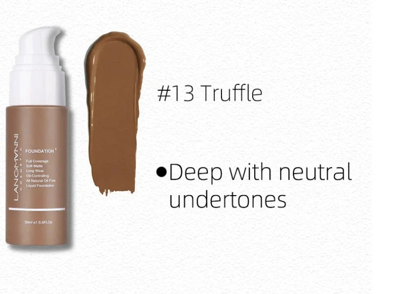 Matte oil control concealer liquid foundation in 30ml container with 13 shade options displayed