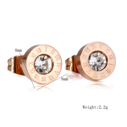 Elegant Roman numeral stud earrings crafted from premium titanium steel with sparkling zircon accents