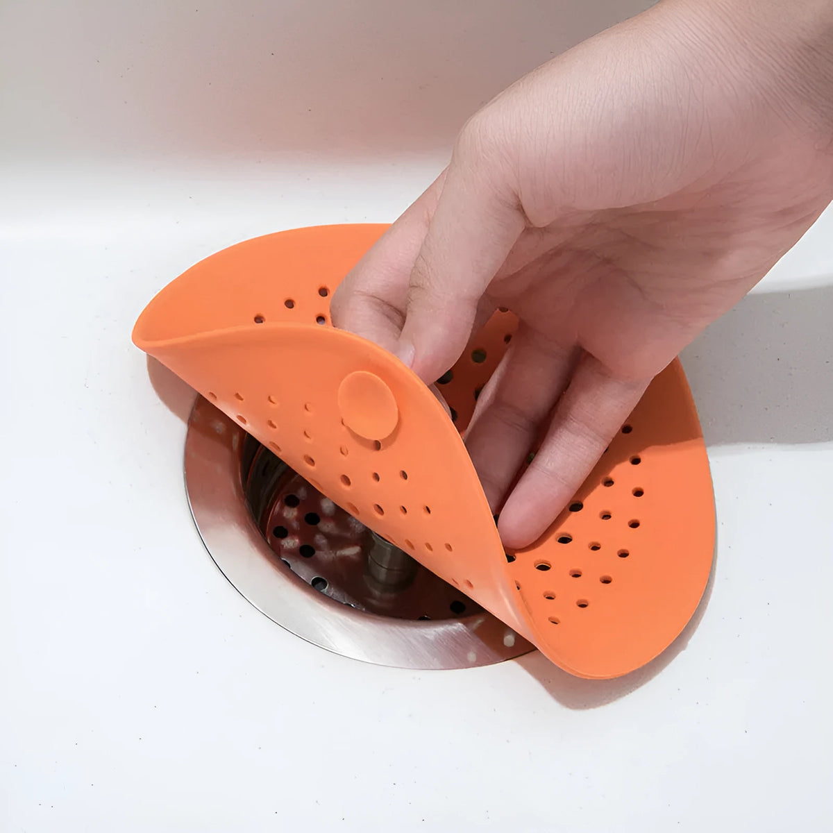 Square TPR rubber sink drain stopper measuring 145mm in dark grey, orange, white, green, and blue colour options