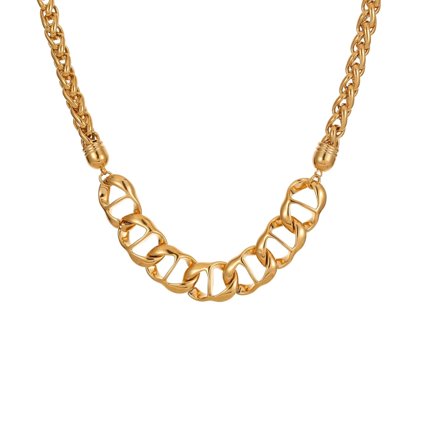 Gold plated stainless steel necklace with geometric pendant for women, shown in two colour options.