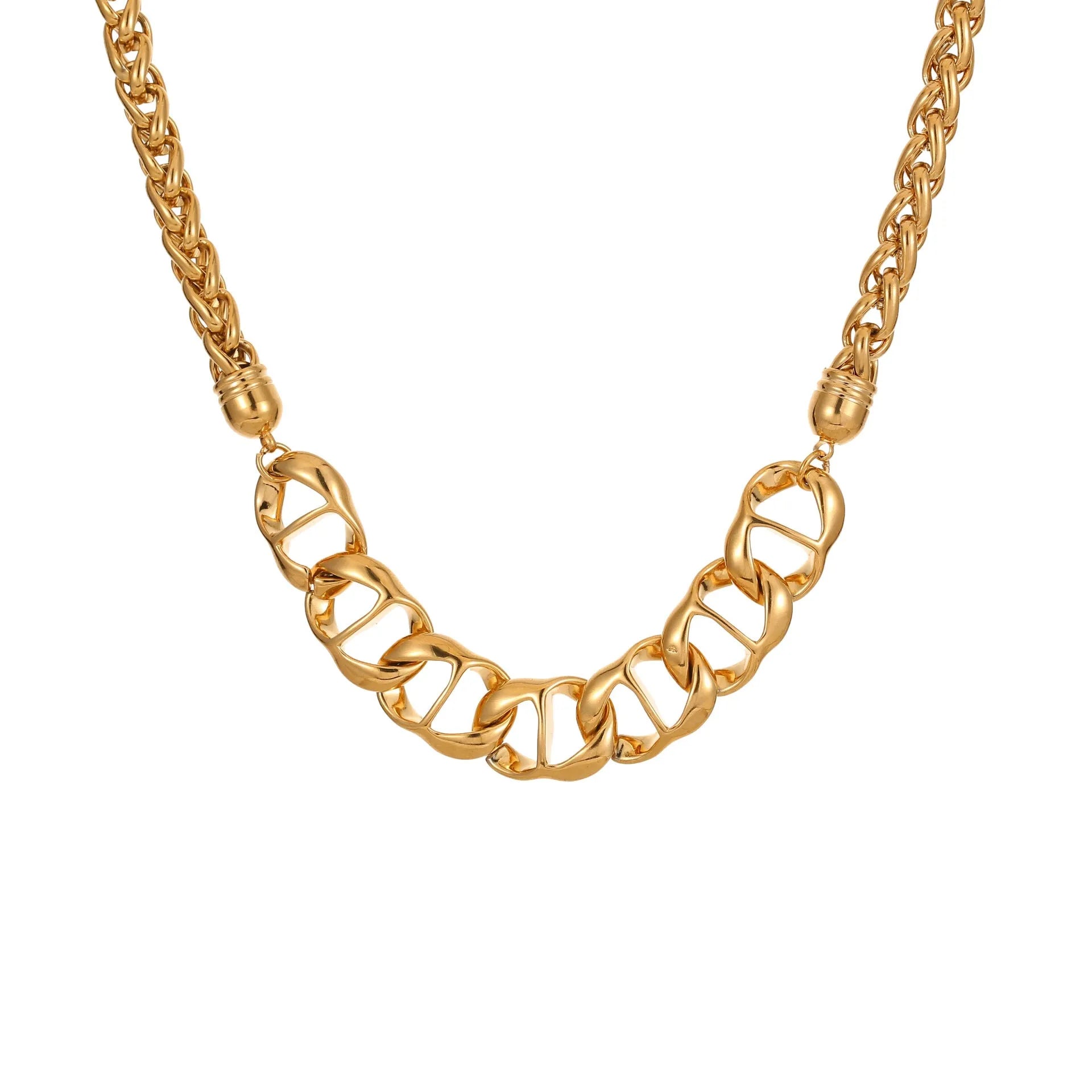 Gold plated stainless steel necklace with geometric pendant for women, shown in two colour options.