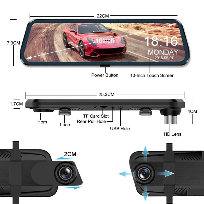 10-inch full screen car dash camera with front and rear 1080p recording on touch screen display