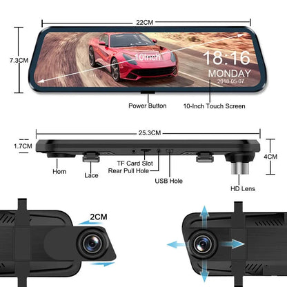 10-inch full screen car dash camera with front and rear 1080p recording on touch screen display