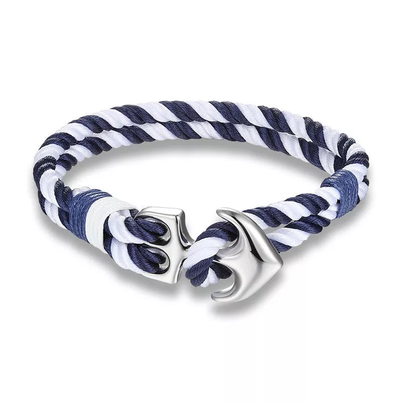 Men's nautical anchor bracelet with survival paracord rope and metal hooks