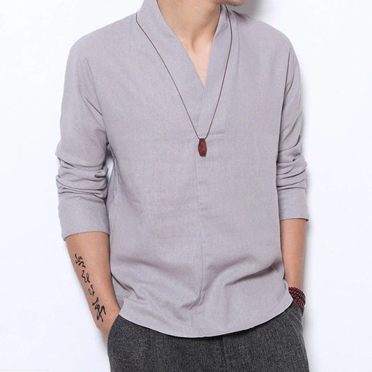 Classic men's long-sleeved linen shirt in a range of colours, featuring a relaxed, hedging style and Chinese-inspired stand collar