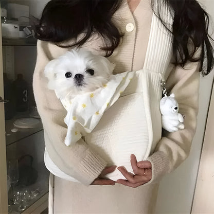 Handmade white canvas pet carrier shoulder bag for small dog or cat, sizes S and L