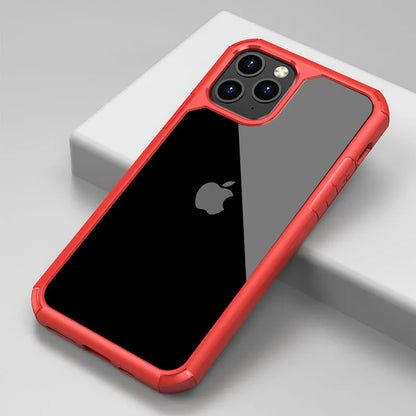 Transparent anti-fall phone case showing red, green and black colour options for iPhone and Samsung Galaxy models