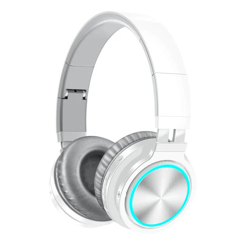 Wireless folding over-ear headset shown in black, black and red, and white and grey colour options.