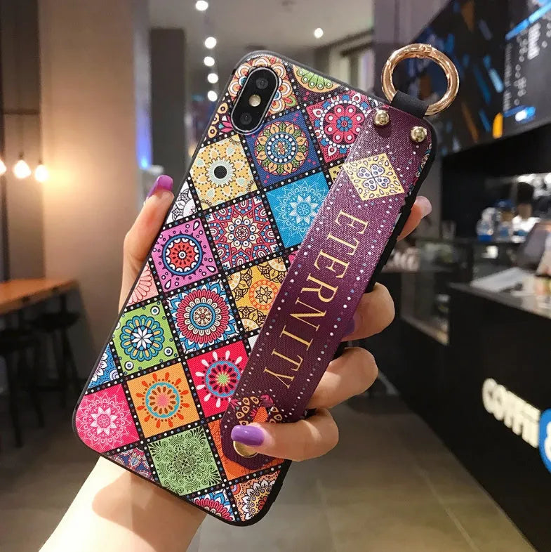 Samsung Galaxy phone case with folded-out bracket stand showing hands-free viewing angle