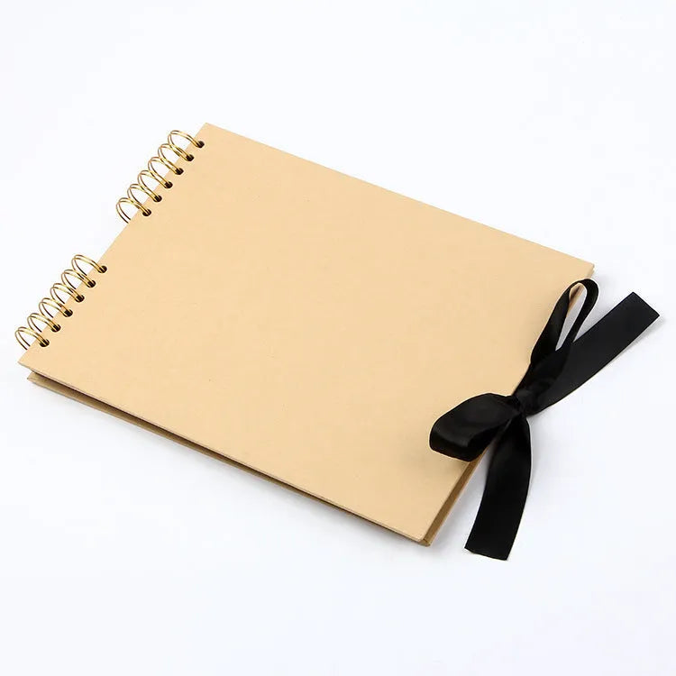 DIY handmade photo album with coil binding, shown with yellow kraft paper and black cardboard cover options