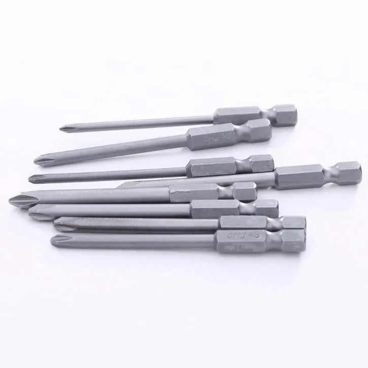 Set of eight long silver magnetic Phillips screwdriver bits with a 1/4 inch hex shank.
