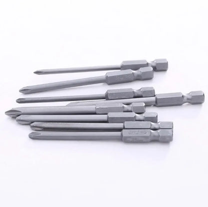Set of eight long silver magnetic Phillips screwdriver bits with a 1/4 inch hex shank.