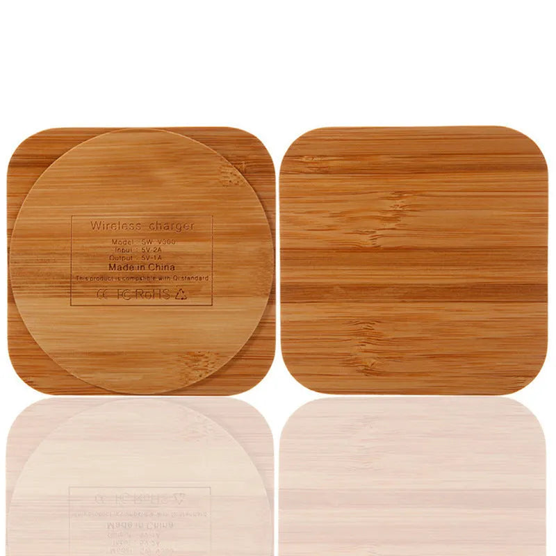 Square wooden bamboo 5W Qi wireless charger on a desk
