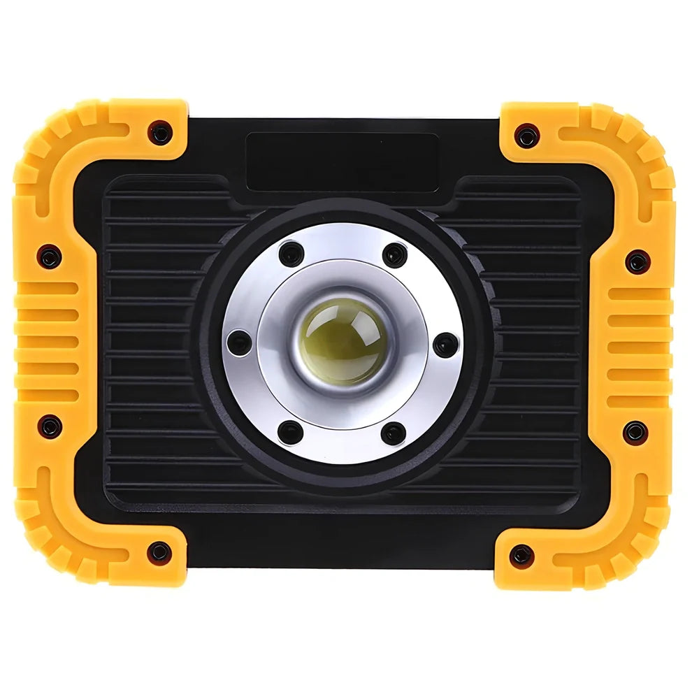 LED camping lantern with rotatable support showing USB ports and battery indicator