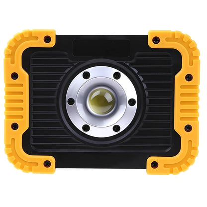 LED camping lantern with rotatable support showing USB ports and battery indicator