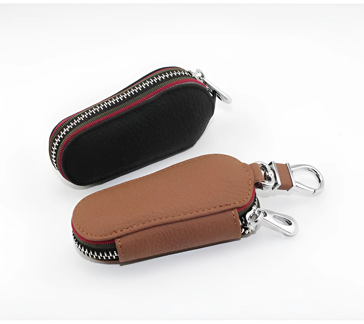 Universal leather car key bag with zipper, 15.5x5x2.5cm, in black or brown for car and home keys