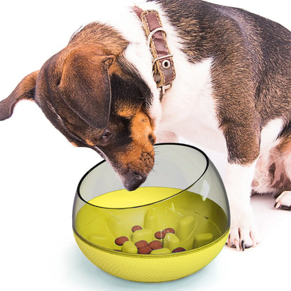 Plastic slow food bowl for pets, 19 x 19 x 14 cm, shown in blue, green, and yellow options