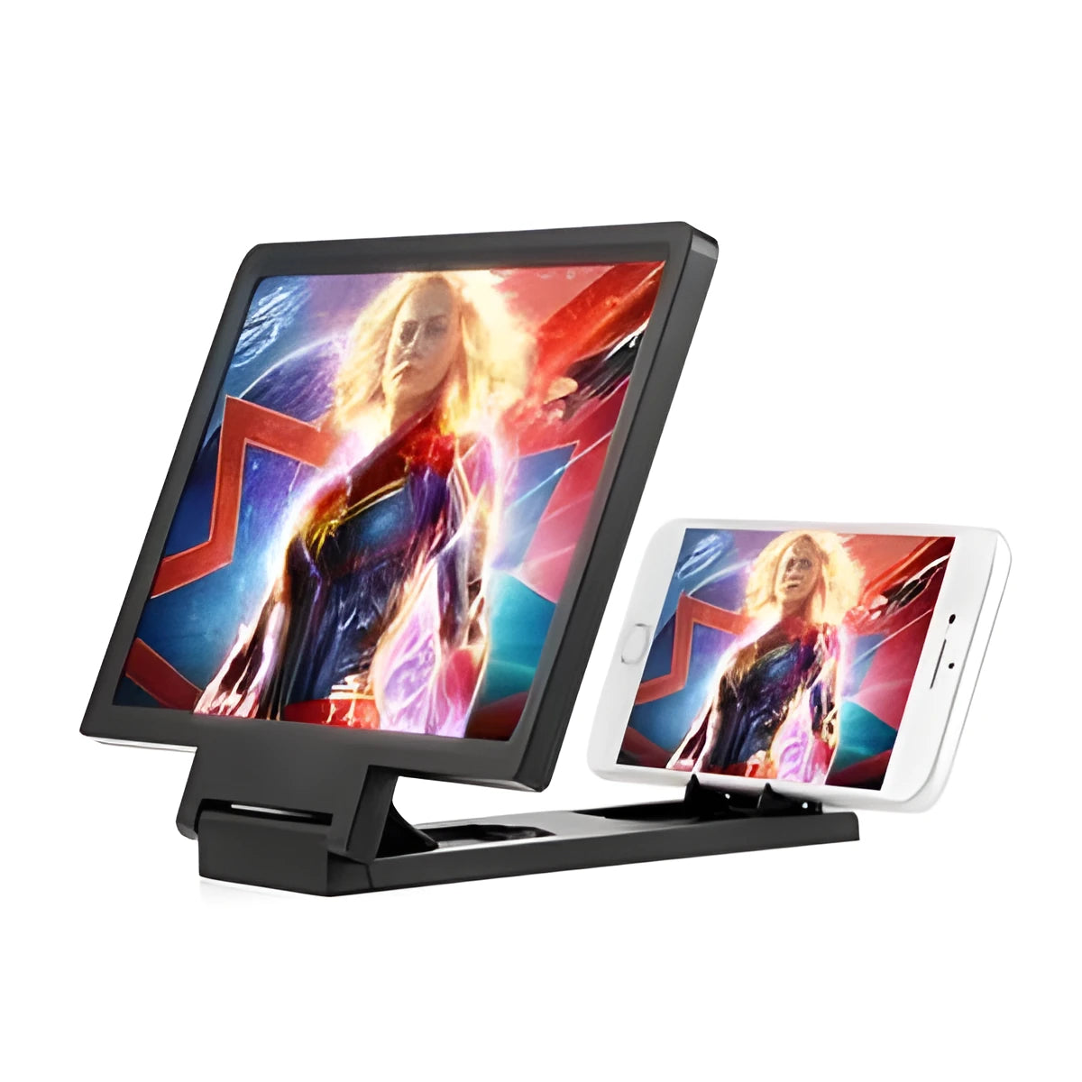 Black and white portable screen amplifier for mobile phones, 18cm long.