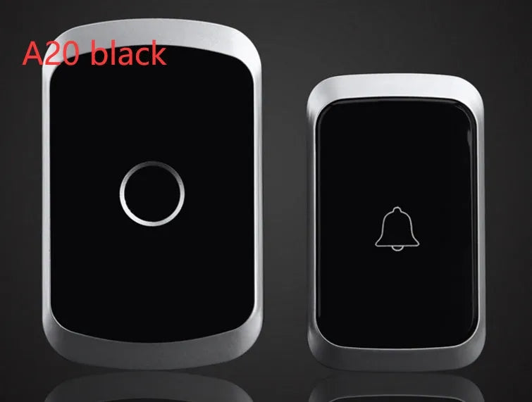 Wireless doorbell button and plug-in chime unit with 300m range, shown in silver finish.