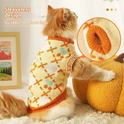 Orange cherry diamond pattern cat sweater shown on feline model with size label