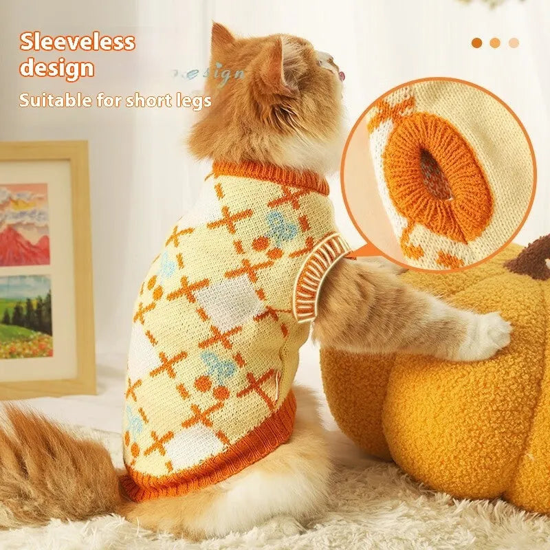 Cat sweater for autumn and winter in orange cherry diamond pattern knit, warm thickening windproof casual pet clothing with chest circumference sizing for 1.50kg to 7.00kg cats, available in S M L XL sizes