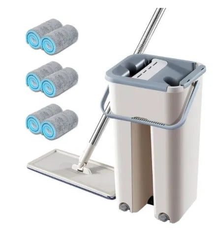 Blue flat floor mop with rotating head and microfiber pad beside plastic bucket for floor cleaning