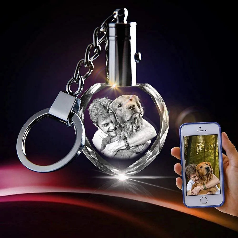 Custom laser-etched crystal photo keychain with internal colourful LED light activated, showing a personalised image.