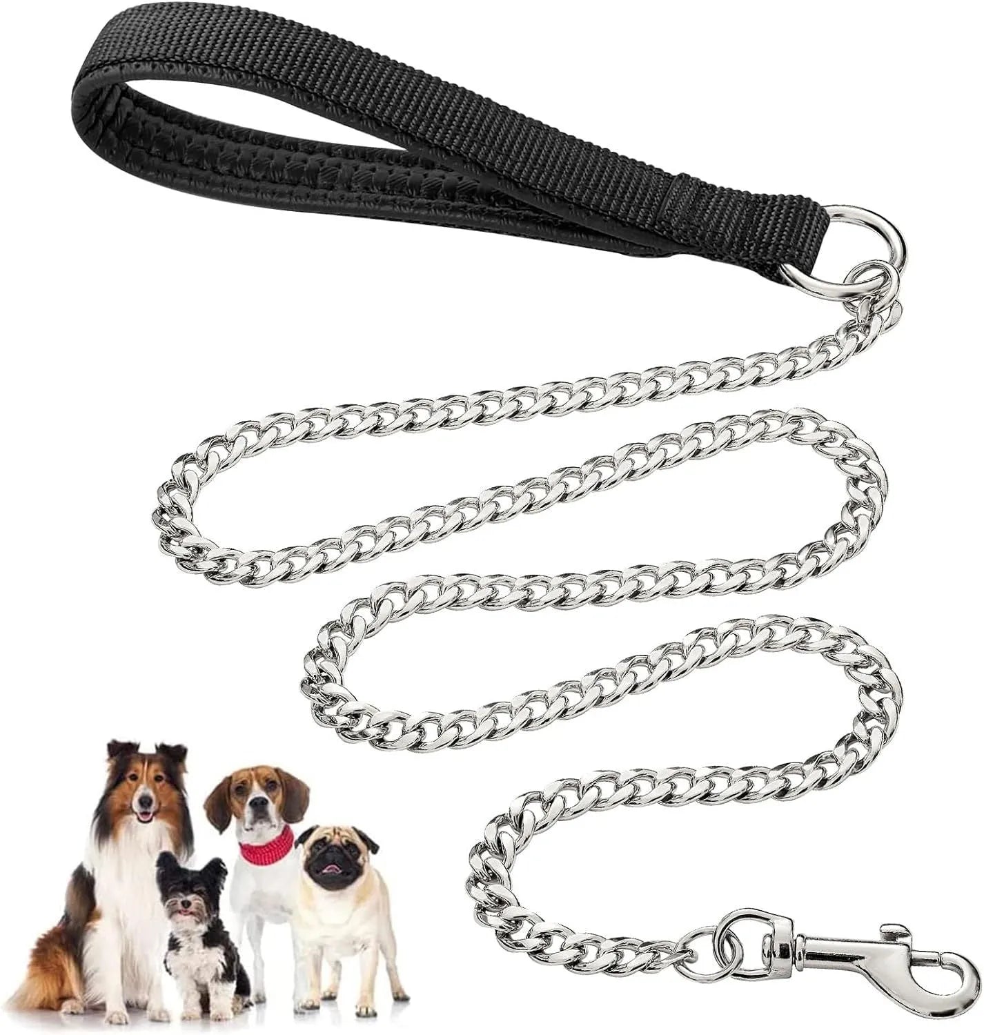 Heavy duty metal dog leash with black chain and soft padded handle, measuring 120cm in length