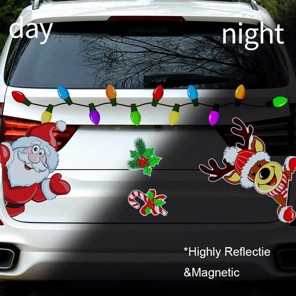 Colourful reflective cartoon Christmas elk magnetic sticker for windows on a medium blue background