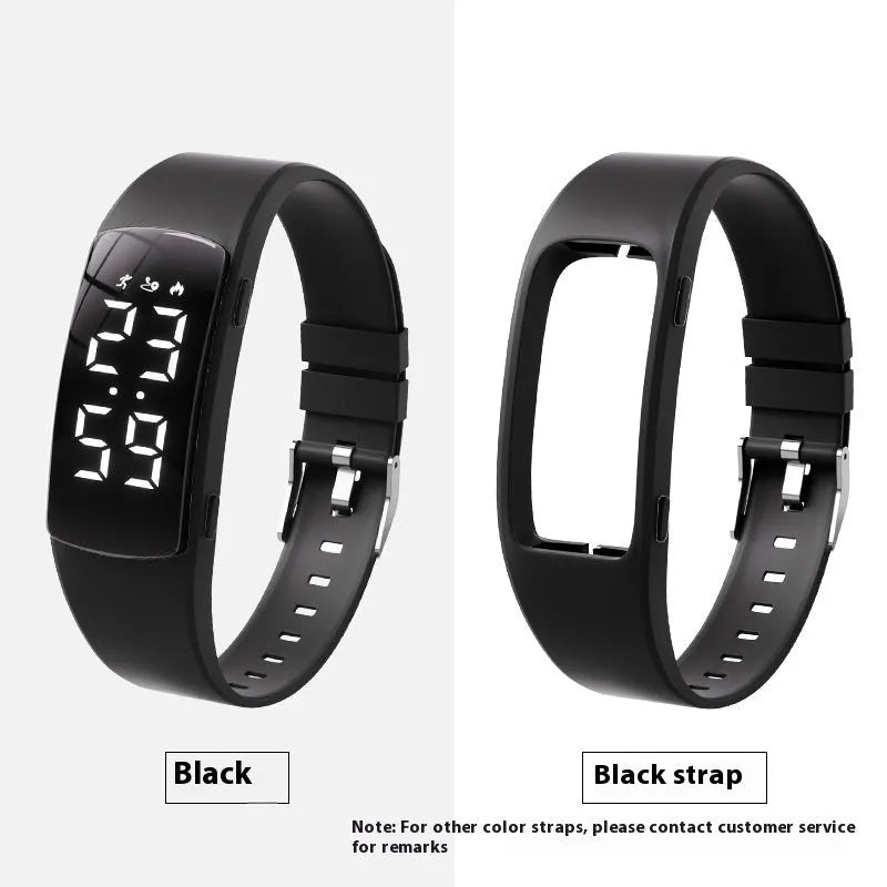 Smart electronic watch with vibration alarm on a silicone strap, showing LED display and 11mm thick case.